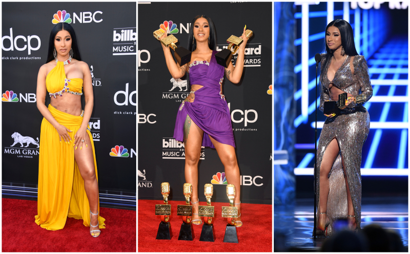 Cardi B’s three wardrobe changes, (l-r): on the BBMA red carpet; with her six Billboard Awards; on stage, accepting an award.